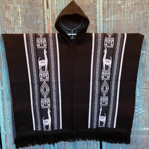 Llama Designed Black Incan Alpaca Wool Poncho