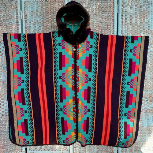 Light Blue Llama Wool Poncho,Native American Design, Tribal Hooded, Boho hood Autumn Winter Coat
